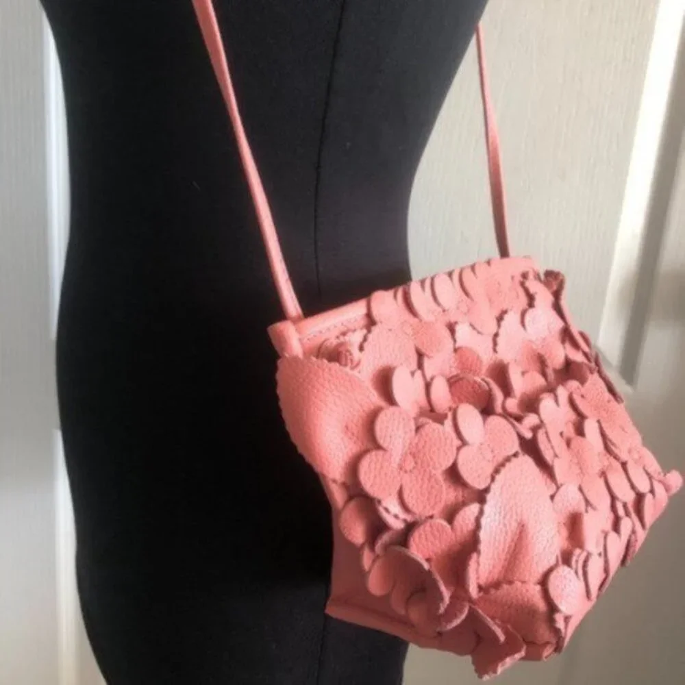 T Tahari 3D Greta Leather Flowers Appliques Pink Crossbody Handbag